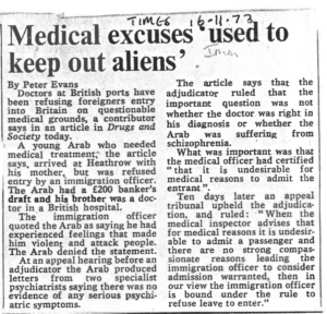 Medical excuses used to keep out aliens Times 16.11.73