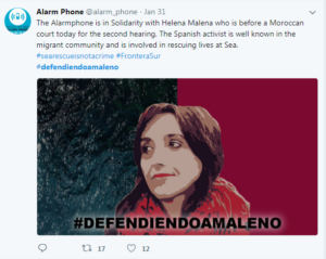 Tweet from Alarmphone in support of Helena Melano