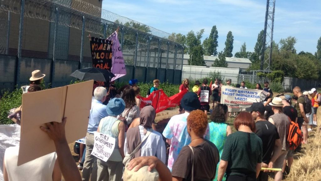 Protesters outside Colnbrook detention centre on 16 July