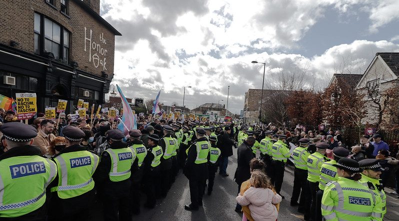 Police separating far-right protesters and pro-LBGTQ+ counter-protesters outside the Honor Oak pub in South London.