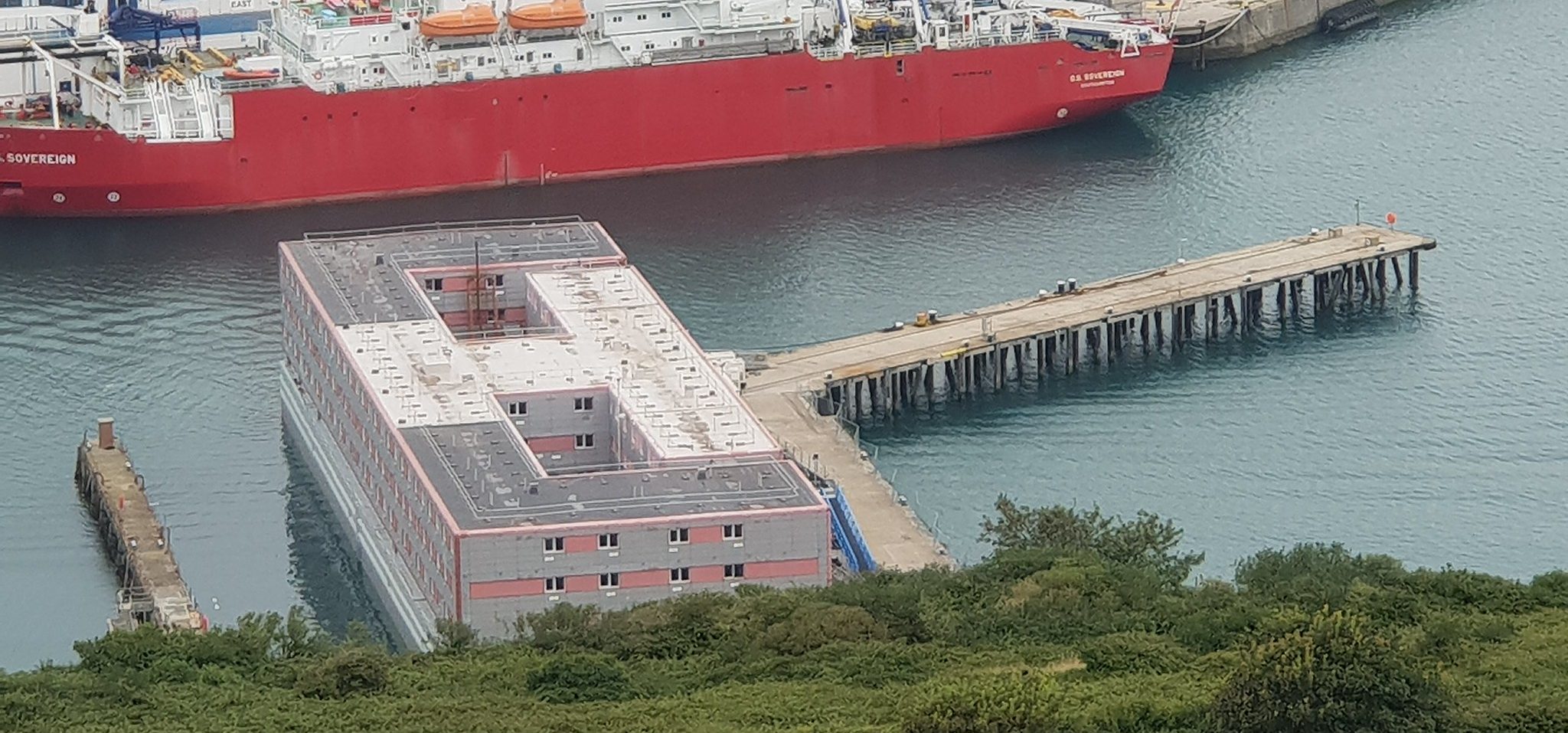 A picture of the Bibby Stockholm Barge in Portland port on 10 August.